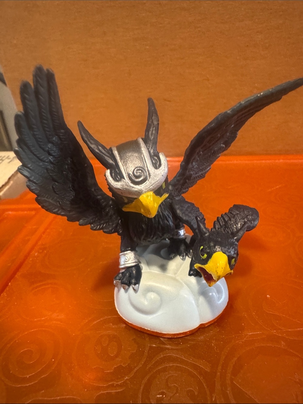 Black Bird Figurine Pet Decor with Silver Helmet and Yellow Beak